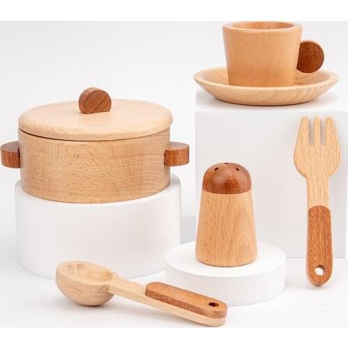 Childrens Log Wooden Kitchen Toy Set Pretend Play Simulation Kitchenware Miniature Mini Food Educational Toys Gift for Kids