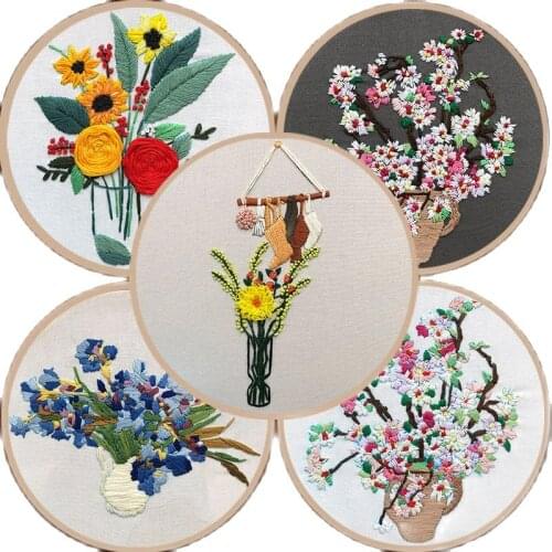 20cm European-style Flowers DIY Embroidery Set Beginners Sewing Kit Cross-stitch Crafts Hand-stitched Decoration