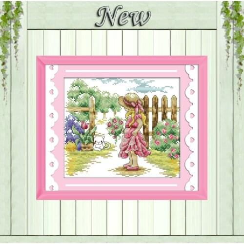 The girl seeing a cat garden Scenery Symbol Counted print on canvas DMC 14CT 11CT DIY Cross Stitch Needlework kit Embroidery Set