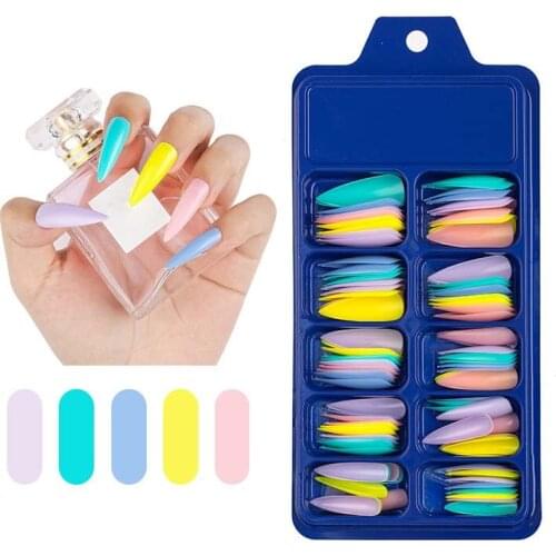 100pcs/box False Nails Long Coffin Nail Tips Pure Color Fake Nails Pointed Head Ballet Nails Full Cover French Tips for Nail Art