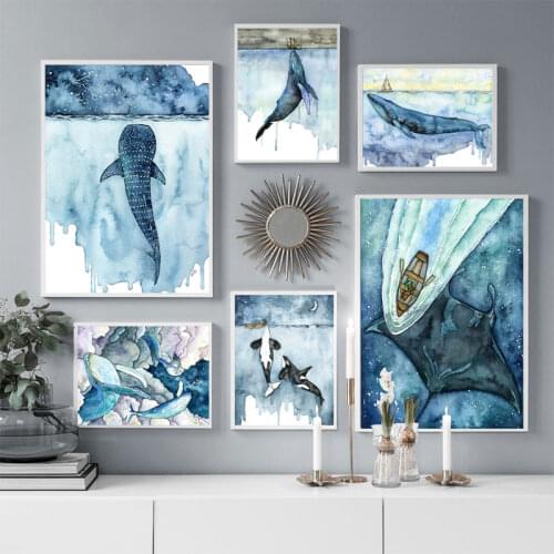 Nordic Style Whale Canvas Painting Watercolor Sea Animals Posters and Prints for Living Room Wall Art Home Decorative Picture