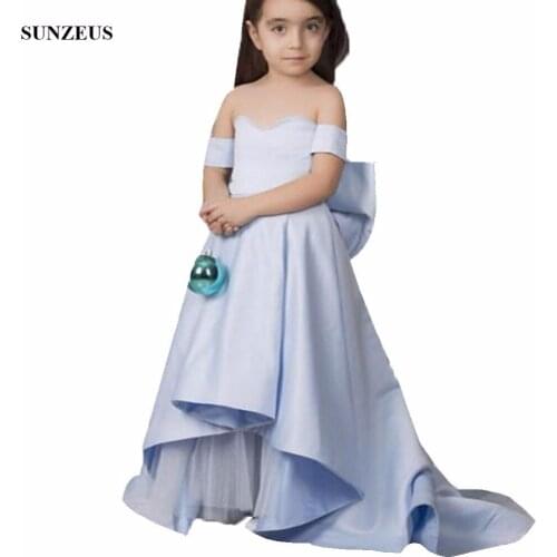 Blue Flower Girl Dresses Satin A-line Sweetheart Off Shoulder Long Wedding Party Gowns With Bow For Kids FLG028