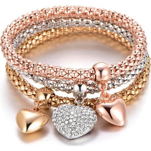 Silver Plated Mix Color Owl Heart Charm Bracelets for Women Luxury Adjustable Popcorn Chain Jewelry 3 Pcs/Set Crystal Bangles