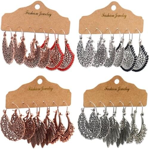 Vintage Bronze Earring Set For Women Indian Jewelry Ethnic Bohemia Alloy Geometric Leaf Tassel Hollow Dangling Earrings Brincos