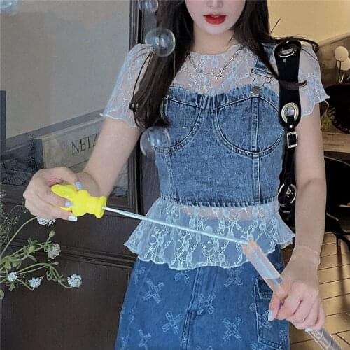 Retro Y2k Sexy Hot Denim Tank Tops Womens Summer Fashion Jeans Crop Tops + Lace Bottoming Shirt Street Clubwear