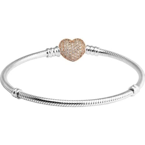 100% 925 Sterling Silver Jewelry Rose Pave Heart Clasp Bracelets with Clear CZ For Women Free Shipping