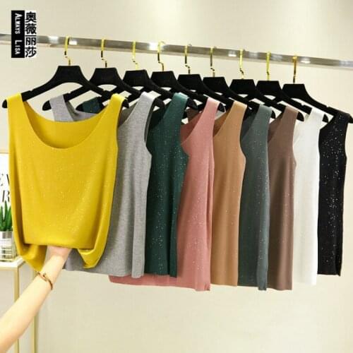 Thin Swing Vest Womens Sleeveless Diamond Shiny Loose Tops New Summer Simple Solid Color Modal Breathable Tees