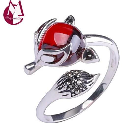 Creative Fox Inlaid Chalcedony Garnet Adjustable Finger Ring Real 925 Sterling Silver Fine Jewelry Women 2021 Free Shipping R19