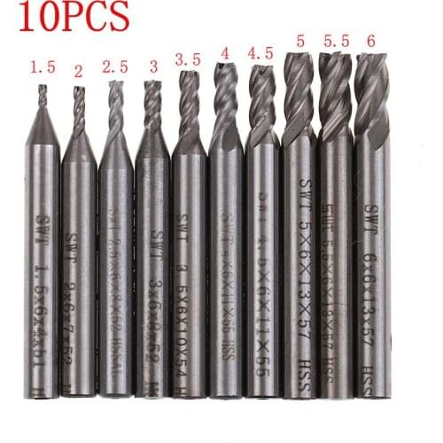 10Pcs/lot High Speed Steel 1.5-6mm HSS Straight Shank 4 Flue End Mill Cutter CNC Drill Bit Tool Sets
