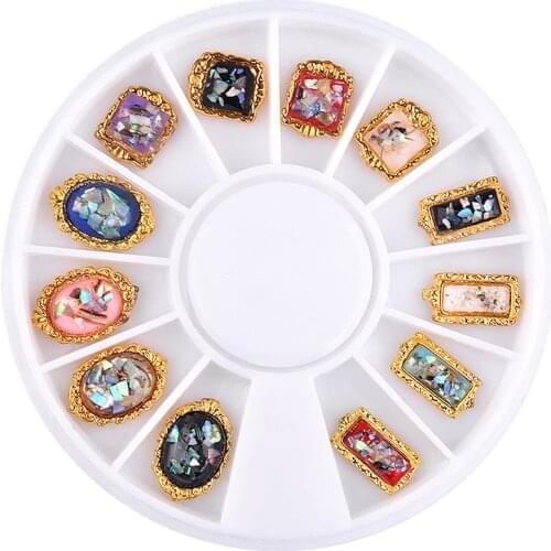 12pcs/Box Vintage Glass Paper Alloy Nail Sticker Tips Accessories Nail Art 3D Design Charm Manicure Jewelry Gold DIY Decoration