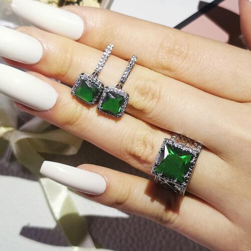 2pcs Pack Princess 925 Sterling Silver Jewelry Set Halo Engagement Ring Round Stud Earring for Wedding Gift J6255-GREEN