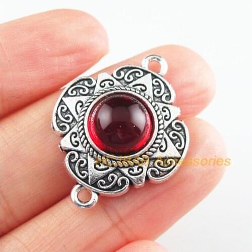 6 New Flower Charms Red Glaze Heart Connectors Tibetan Silver Tone 23.5x30mm