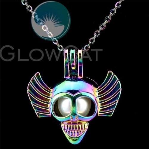 C832 Rainbow Happy Pirate Skull Beads Cage Essential Oil Diffuser Stone Pearl Cage Locket Necklace Kids Friend Gift
