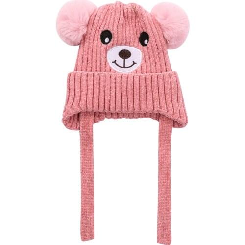 Imcute Toddler Baby Knit Hat, Cartoon Bear Winter Warm Fleece Lined Beanie Cap with Double Pom Pom for Boys Girls