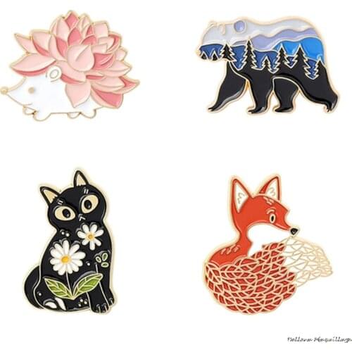 Forest Garden Enamel Pin Custom Fox Cat Bear Hedgehog Brooches Bag Lapel Pin Cartoon Animal Badge Jewelry Gift for Kids Friends