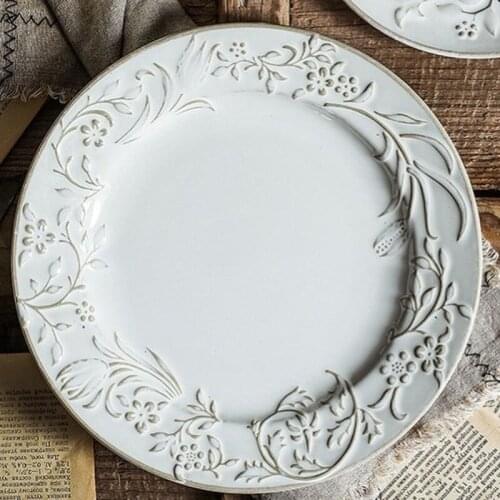 European Ceramic Antique Handmade Embossed Steak Plate Kitchen Tableware Porcelain Dessert Dish Simple Creative Salad Plate