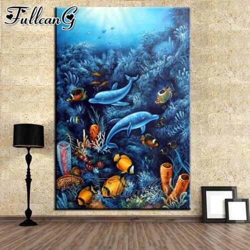 FULLCANG diy 5d diamond mosaic underwater dolphin diamond painting full square round drill diamond embroidery sale decor FC2476