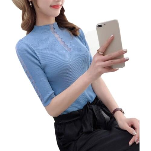 2020 Lace Turtleneck Sexy Ladies Pullovers Women Spring Hollow out Autumn Elastic Sweaters Tops Half Sleeve Summer Slim Jumpers