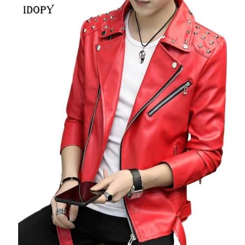 Idopy Men`s Faux Leather Jacket Rivet Studded Slim Fit Multi Zippers Motorcycle Outerwear Jacket and Coat For Male