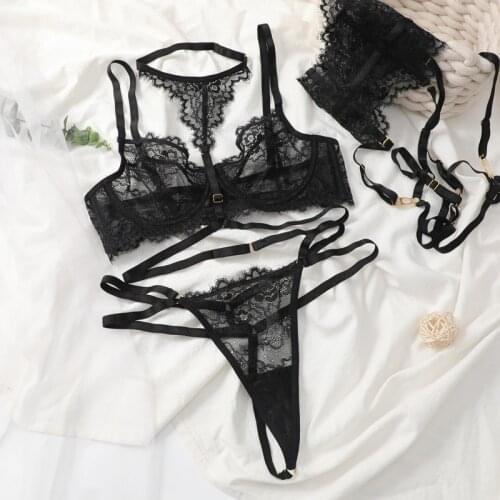 Thin womens fashion lace eyelashes lingerie stitching cross hanging neck underwear bra garter socks fun four-piece suit
