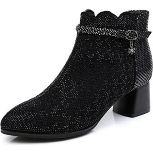 High End Pointed Rhinestone Shoes Woman Fashion Boots Thick with High Heels 5 Cm 2019 New Warm Winter Boots Ankle Boots Black