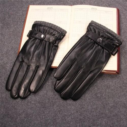 Fashion Leather Gloves Driving Knitted Lining Men Real Genuine Goatskin Glove Wrist Elastic Five Finger man Warm Gloves Winter