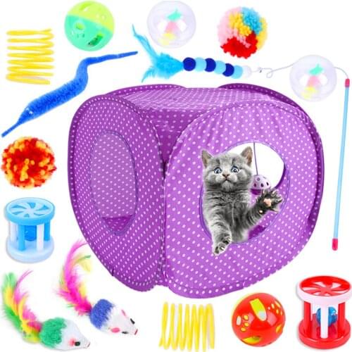 Portable Tent Cat Toys Set Interactive 15PCS Funny Assorted Kitten Toys Assortments Pet Tent Outdoor Playing Pet Cat Kitten Toy
