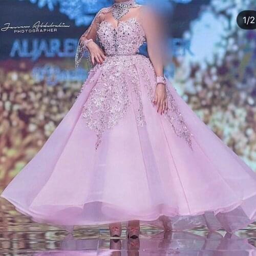 Pink prom dresses 2020 lace appliques beading sequins crystal tassel ball gown evening dresses arabic