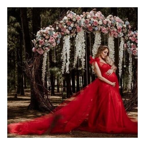 Sexy Red Bridal Pregnancy Dresses With Bow Sleeveless V Neck Sheer Long Train Photo Shoot Maternity Dressing Gowns