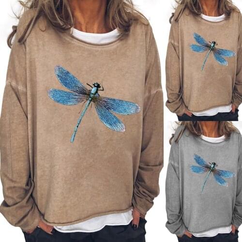 Fashion Womens Casual Simplicity Dragonfly Print Round Neck Long Sleeves Tunic Soft Fabric Autumn Winter Thermal Women Tops
