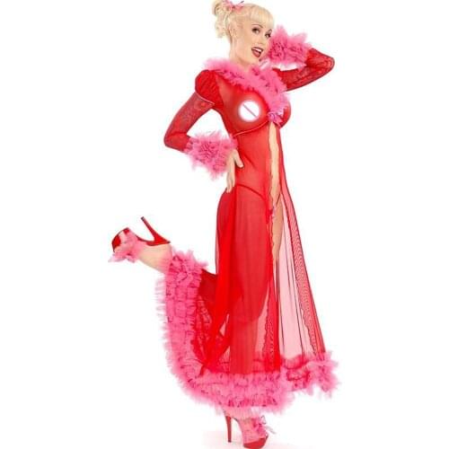 Red Valentines Day Long Night Gown Wholesale Price Hot Sexy Sheer Underwear Red Langerie Women Lace Santa Christmas Lingerie