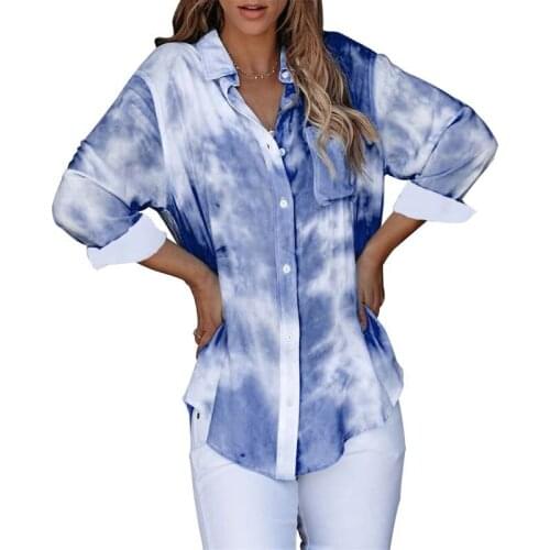Women Tie Dye Shirt Pocket Turn Down Collar Long Sleeve Streetwear Casual Loose Plus Size Fashion Office Tops And Blouses
