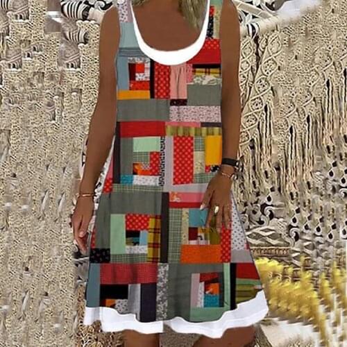 WomenS Summer Dresses New Hot Style Fashion Casual Round Neck Print Sleeveless Fake Two-Piece Knee-Length Dress платье летнее