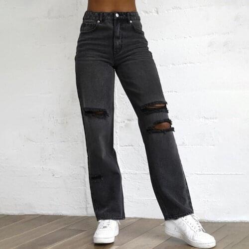 Women Straight Jeans Streetewar Ripped High Waist Jeans y2k Women Vintage Boyfriend Hole Black Casual Pants For Female