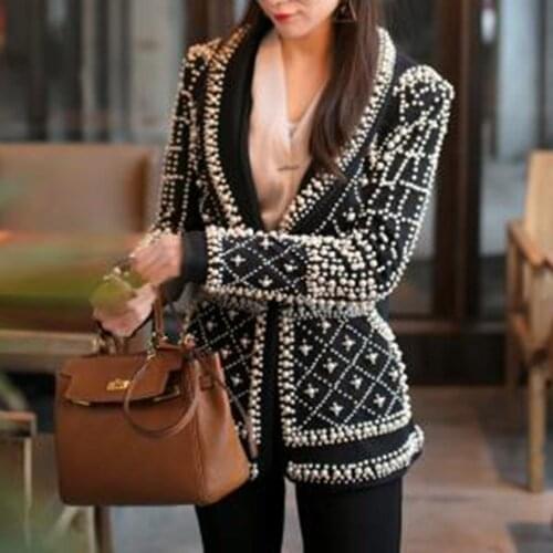 Blazer Women Jacket Beaded 2021 Autumn Lapel Neck Long Sleeve Outwear Fashion Office Ladies Black Slim Female Blazer