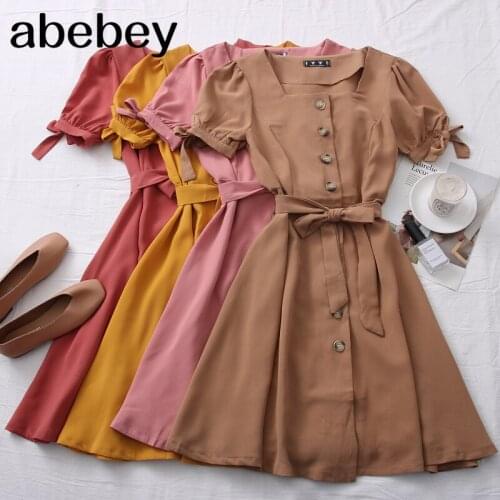 2021 New Spring Summer Stylish All-match solid Dress square collar single breasted Dress waist strap short sleeve Dress