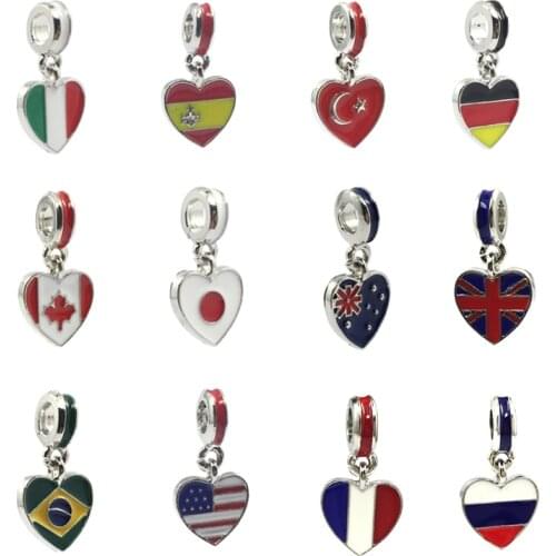 1PCS Turkey Italy Spain US Canada UK brazil Flag Heart Pendant Charms European Beads Charms Bracelets DIY Jewelry