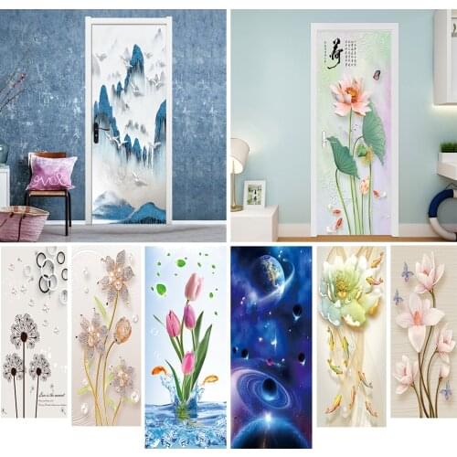 2pcs/set DIY Door Art Mural Sticker Bedroom Living Room Glass Poster Peel & Stick Wall Decals Removable Thicken Vinyl Wallpaper