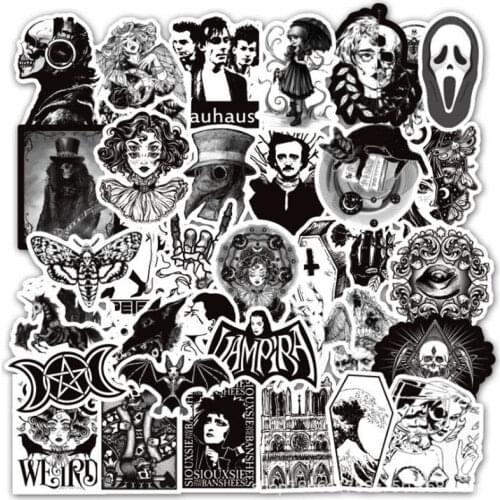50Pcs Pack Black and White Gothic Style Girls Skull Stickers Laptop Skateboard Motorcycle Guitar Kids Toy Graffiti Decal Sticker