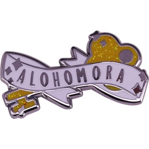 Alohomora Key Holder enamel pin spell banner badge yellow glitter brooch