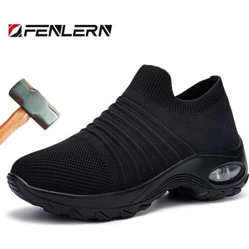 FENLERN Wedge Safety Shoes Women Lightweight Steel Toe Shoes Women Anti-smashing Indestructible Air Cushion Work Shoes Women