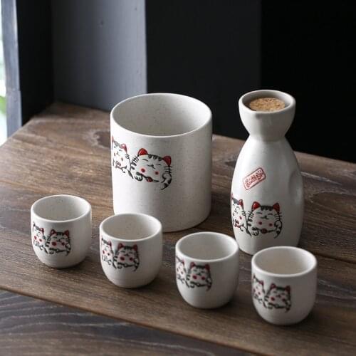 Japanese Style Ceramic Sake Set White Yellow Wine Pot Strong Wine Cup Warm Hot Wine Bottle Bamboo Tray Wineware