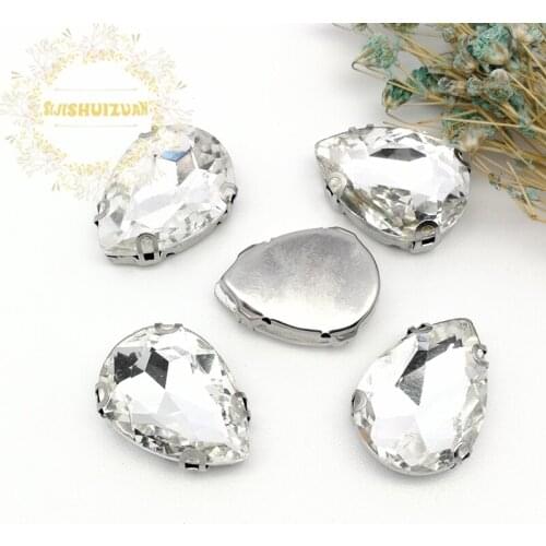 Best-selling! White Water drop shape Glass Crystal sew on rhinestones with D-SHAPE claw Diy Wedding dress and Shoe