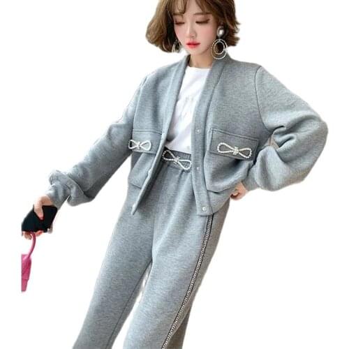 Fashion Tracksuit Women Suit Thin Womens Clothing 2021 Autumn New Single-Breasted Bbow Tie V-Neck Jacket + Two Piece Set Women