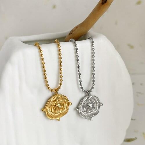 Monlansher Geometric Irregular Coin Carved Pendant Necklace Titanium Steel Beads Chain Necklaces Vintage Necklace Daily Jewelry