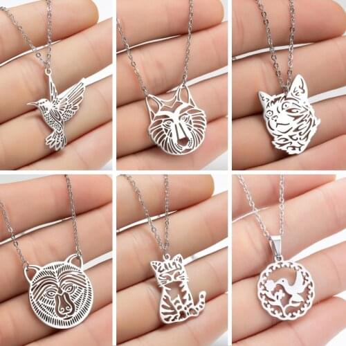 Stainless Steel Animal Necklaces Origami Cat Dog Lion Bird Fox Charms Necklace Jewelry