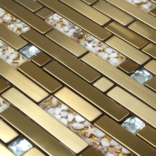 Strip golden metal mixed sea shell resin glass mixed diamond mosaic kitchen backsplash tile bathroom shower tile hallway border