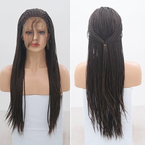 QUINLUX WIGS Brown Micro Box Braiding Hair Synthetic Wigs Crochet Braided Hair For Black Women Lace Frontal Heat Fiber African
