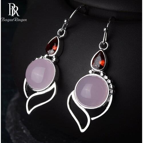 Bague Ringen 100% Real Silver 925 Drop Earrings With Round Rose Quartz Gemstone Ruby Ethnic Jewelry Woman Party Gift Wholesale