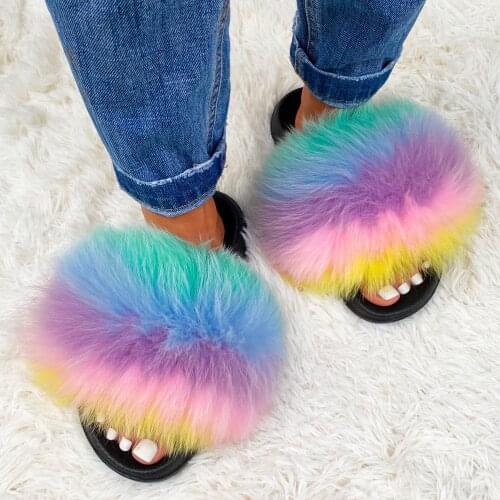 ETHEL ANDERSON Women Fur Slides Genuine Fox Raccoon Fur Fluffy Slippers Furry Flat Sandals Indoor Flip Flops Plush Designer Shoe